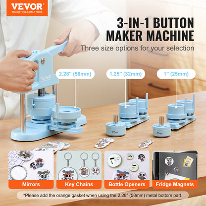 VEVOR Macchina per Bottoni, 1/1.25/2.28 pollici (25/32/58mm) 3-IN-1 Pin Maker, 300 Pezzi di Ricambio per Bottoni, Macchina per Bottoni con Libro Magico del Panda, Kit di Pressa a Punzone con Manico Arco Ergonomico, Per Regali Fai da Te per Bambini