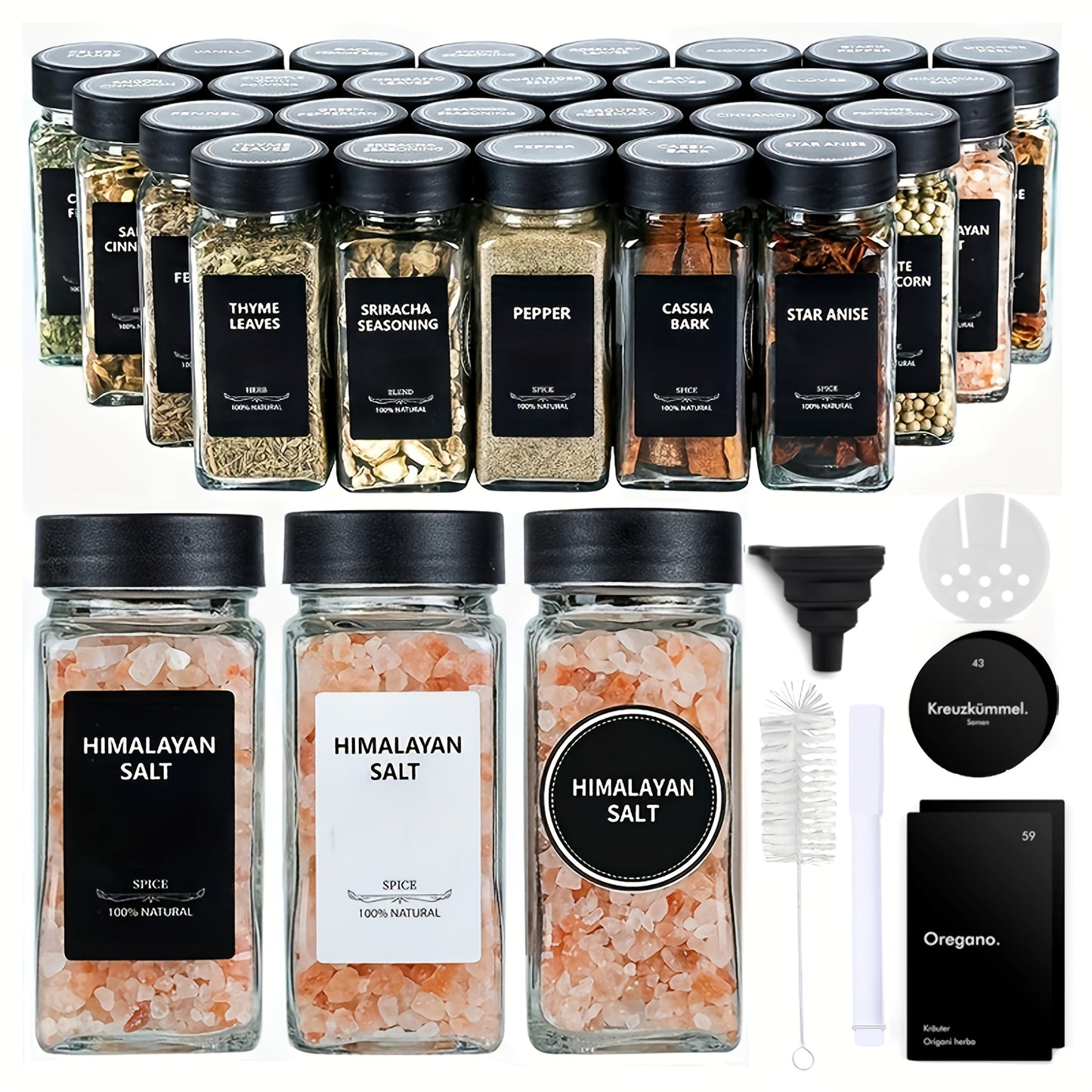 Set di 12/24/36 barattoli quadrati in vetro per spezie con etichette, contenitori ermetici da 4oz, coperchi agitatori a vibrazione e tappi di plastica sigillati, imbuto pieghevole incluso, barattoli decorativi MDecorative