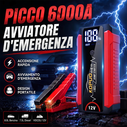 Avviatore di emergenza per auto KOPUO 6000A Peak 12V con display LCD e ricarica rapida, booster di batteria portatile per motori a benzina da 8,0L/diesel da 7,5L, kit di emergenza con torcia stroboscopica LED SOS per veicoli