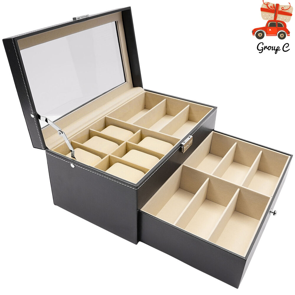 Porta Orologi in Ecopelle Nera, Custodia per Gioielli, Porta Occhiali da Vista e Porta Occhiali da Sole con Cassetto Espositore e Serratura (Porta Occhiali a 9 Scomparti e Porta Orologi a 6 Scomparti)