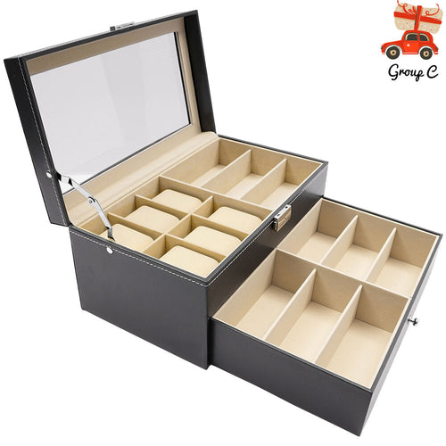 Porta Orologi in Ecopelle Nera, Custodia per Gioielli, Porta Occhiali da Vista e Porta Occhiali da Sole con Cassetto Espositore e Serratura (Porta Occhiali a 9 Scomparti e Porta Orologi a 6 Scomparti)