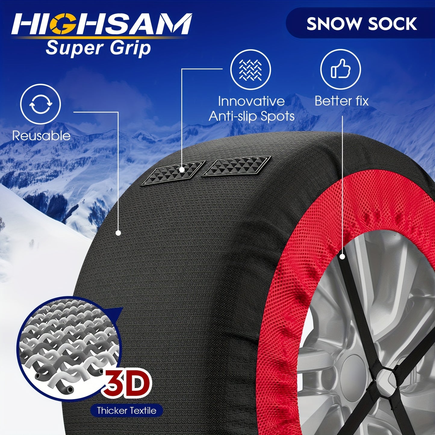 Highsam Super Grip Snow EN 16662-1, Catene da Neve per Auto, 2 Paia di Calze da Neve in Tessuto Lavabili per Pneumatici di Camion e Auto