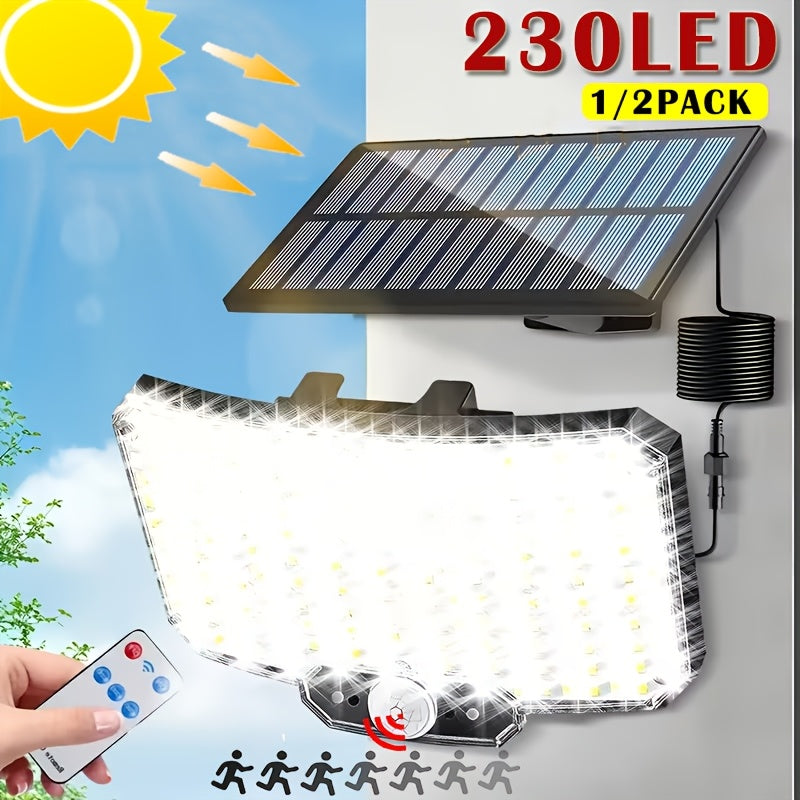 2/1 pz Lampade Solari da Parete, con Telecomando, Luce Solare da Giardino per Esterni, Sensore di Movimento PIR, 3 Modalità di Illuminazione, IP65, con Cavo da 5M, Lampada Solare da Giardino 2In1 per Interni ed Esterni, 230LED, Grandangolo, per Cortile, S