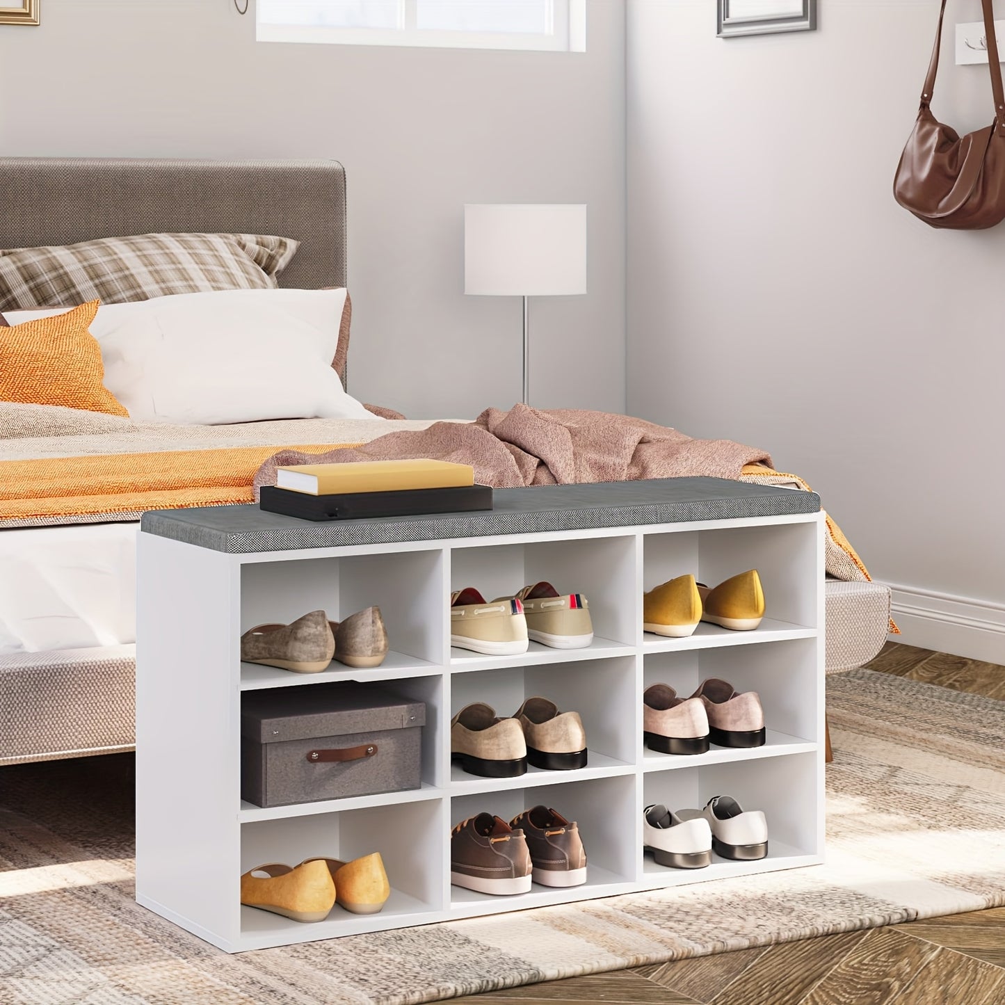 Set scarpiera armadio, divanetto scarpiera con 9 f, scarpiera con divanetto imbottito, appendiabiti da parete con 9 ganci, mobiletto scarpe per ingresso, corridoio, camera da letto, bianco