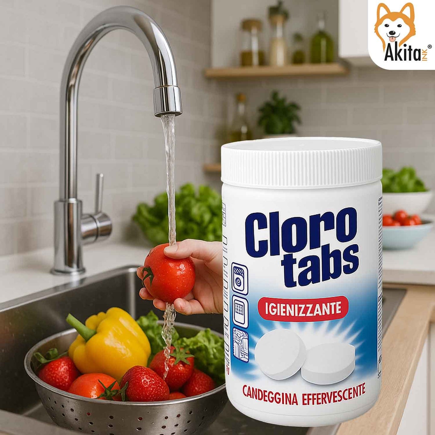 Akitaink Cloro Tabs 1kg – Pastiglie Multiuso di Candeggina Effervescente al Cloro Attivo, Igienizzanti, Sbiancanti e Deodoranti per Pulizia Casa, WC, Lavatrice e Superfici