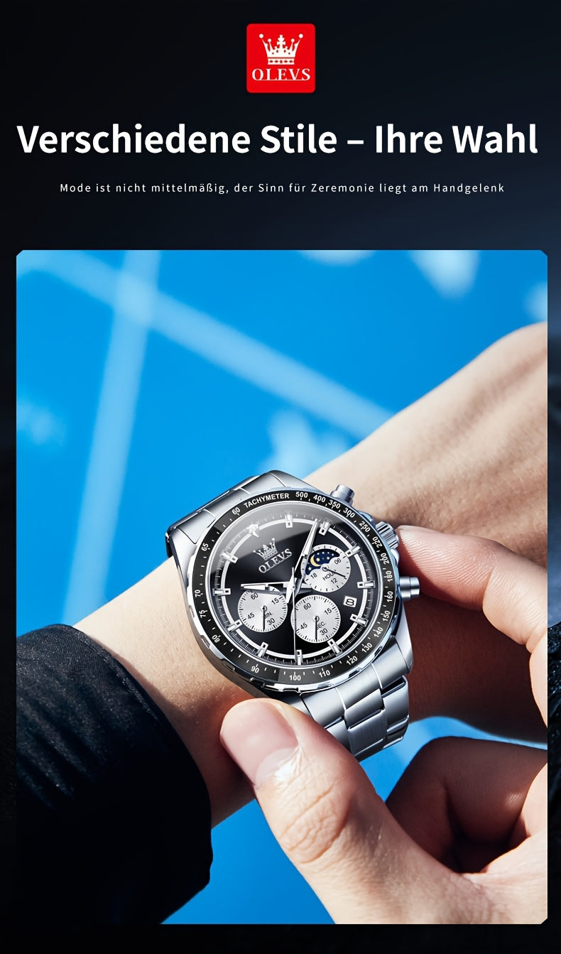 OLEVS Orologi da Uomo con Quadrante Fase Lunare Acciaio Inossidabile/Cinturino in Pelle Cronografo Lusso Business Abito Analogico Quarzo Orologi da Uomo Classici Casual Eleganti Orologi da Polso Quadrante Luminoso Nero/Bianco/Blu/Verde