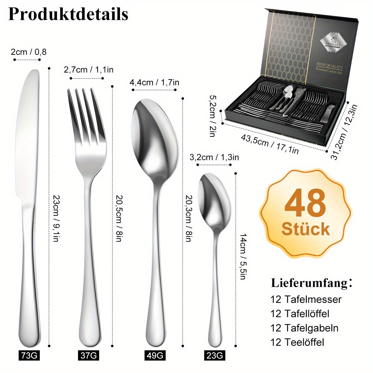 Set di posate in acciaio inossidabile da 48 pezzi per 12 persone | Elegante confezione regalo, posate premium, lucidate a specchio, lavabili in lavastoviglie, coltelli da bistecca, forchette e cucchiai ergonomici | per riunioni di famiglia, matrimoni, ina