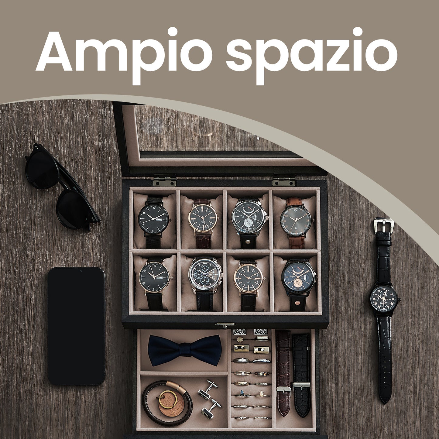 Scatola Porta Orologi in Legno, Custodia per Orologi Meccanici e Gioielli a 8 Scomparti con Coperchio in Vetro, Fodera in Velluto, Inserti Imbottiti, Organizzatore per la Casa, Scelta Regalo Ideale, Scatola Regalo di Natale