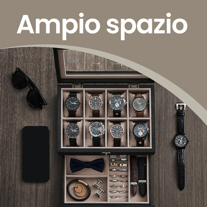Scatola Porta Orologi in Legno, Custodia per Orologi Meccanici e Gioielli a 8 Scomparti con Coperchio in Vetro, Fodera in Velluto, Inserti Imbottiti, Organizzatore per la Casa, Scelta Regalo Ideale, Scatola Regalo di Natale