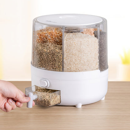 Contenitore Rotante per Cereali | PET | 6 Scomparti Antiumidità | Design a Tappo Ribaltabile Rotondo | Lavaggio Manuale Solo per Alimenti Secchi | 4,5 L (L. D. 22 X 25 cm)