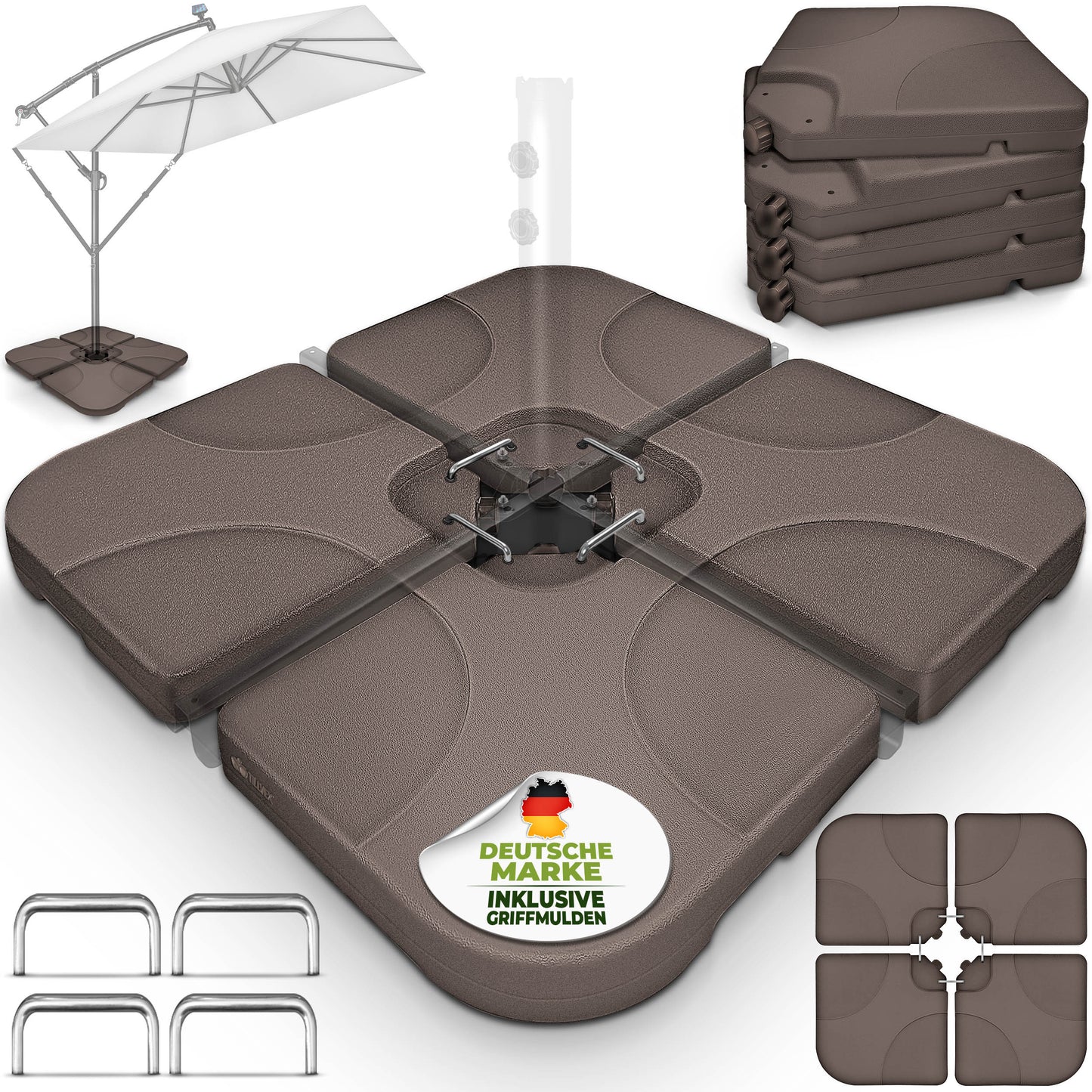 Tillvex® Supporti per Ombrelloni da Sole 60 Litri / 80 Kg - 4 Parti per Ombrellone con Semaforo Incluse Connettori in Metallo | Peso Ombrellone Riempibile con Acqua o Sabbia | Supporto per Ombrellone Resistente alle Intemperie per Balcone Esterno, Terrazz