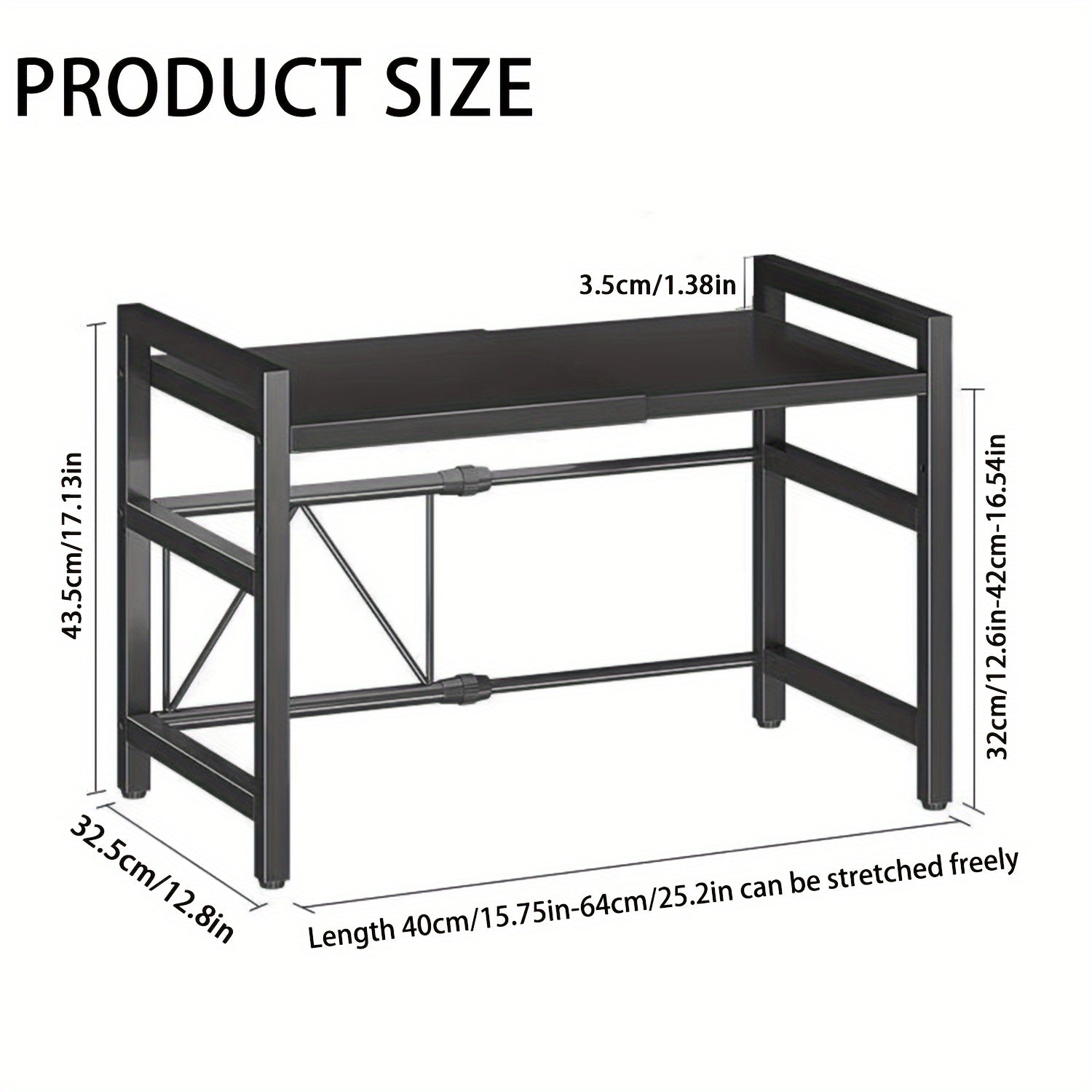 Scaffale Estensibile a 2 Ripiani per Microonde con 3 Ganci e 3 Asciugamani, Dotato di Porta Bacchette, Porta Tagliere, Scaffale Portaoggetti da Cucina, Scaffale per Cottura a Microonde, Piano di Lavoro, Estensibile 40-64 Cm, Nero
