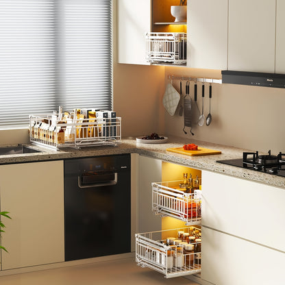 Organizzatore estraibile espandibile per armadietti, confezione da 1/2, ringhiera rialzata da 16.99 cm, larghezza regolabile da 32.99 cm a 50.98 cm, 3 guide, adesivo, non necessita di fori, stacca e incolla, cassetti estraibili adesivi per armadietti, cap