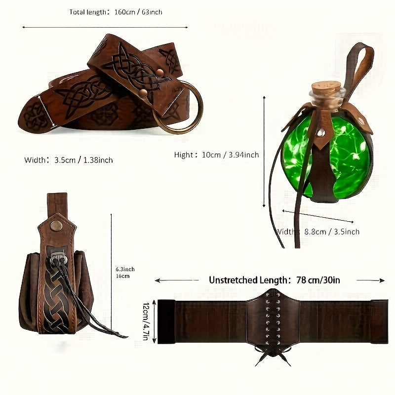 Set da 5 pezzi in stile rinascimentale con corsetto aderente in ecopelle, cintura, marsupio, portamonete, boccetta di pozione luminosa e gonna, adatto per escursionismo, cosplay medievale, Halloween, Giorno del Ringraziamento, Natale e altre occasioni.