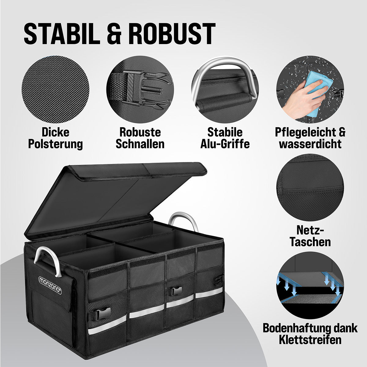 MONZANA® Borsa Bagagliaio Organizer Coperchio 68L Impermeabile Divisori Pieghevole Pareti Rinforzate Antiscivolo Borsa Auto 60X35X30Cm