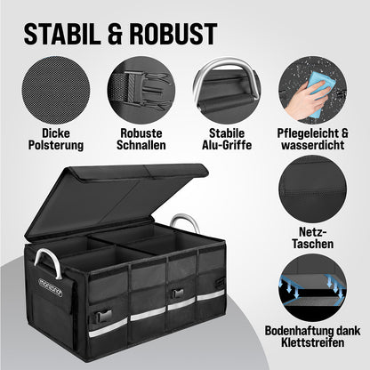 MONZANA® Borsa Bagagliaio Organizer Coperchio 68L Impermeabile Divisori Pieghevole Pareti Rinforzate Antiscivolo Borsa Auto 60X35X30Cm