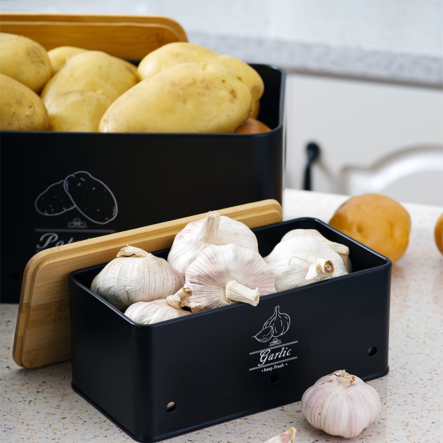 Set da 3 Contenitori per la Conservazione di Patate, Cipolle e Aglio | Protezione da Umidità e Germogliatura | Conserva Freschezza degli Alimenti | Organizer da Cucina Ventilato per Alimenti | Scatole per la Conservazione di Verdure | Essenziale per la Di