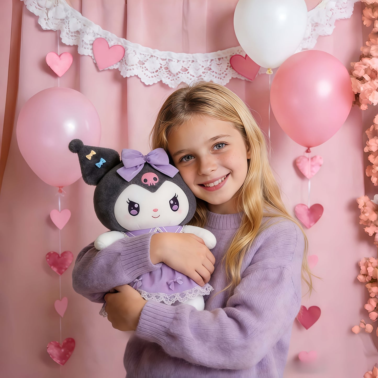 Peluche ufficiali Sanrio Kuromi e Melody in abito stile principessa soffice con fiocco rosa - il regalo di compleanno perfetto per bambine, un oggetto da collezione e un must-have per San Valentino.
