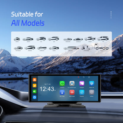 26,06 cm 4K Wireless CarPlay Android Auto Supporto Airplay SuperLink WiFi Video Fotocamera Dual DVR Anteriore e Posteriore B-T per Auto Camion Furgoni Supporto Fotocamera Posteriore con Registrazione in Loop e Riproduzione Video