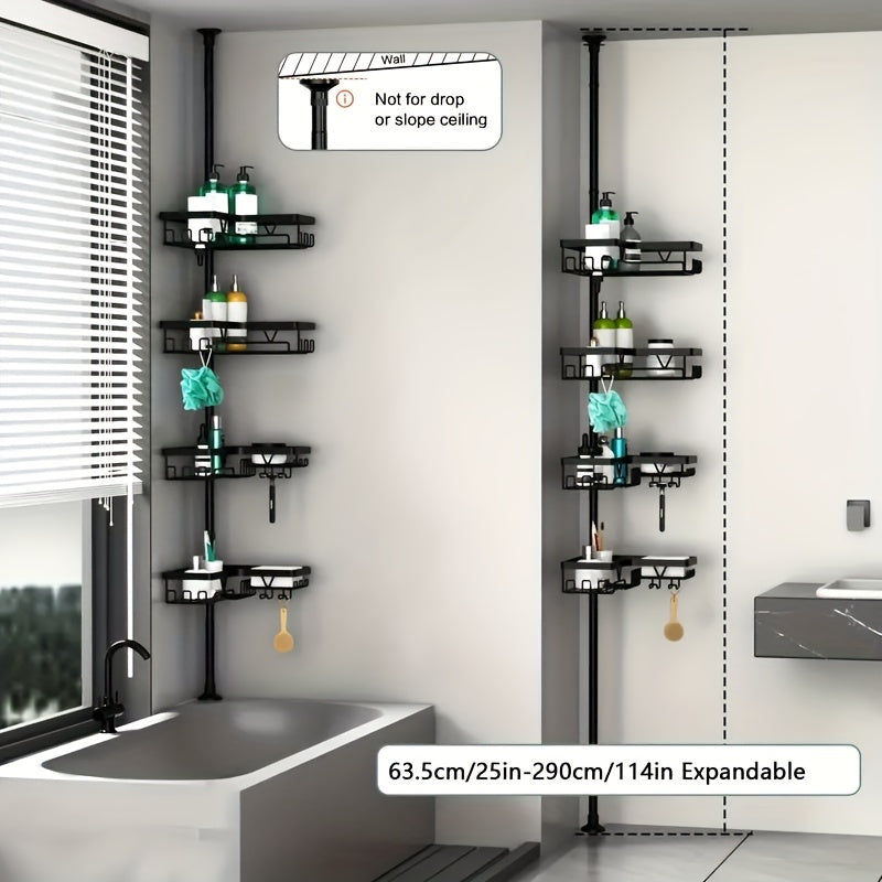 Un robusto e alto ripiano angolare per il bagno, un ripiano angolare regolabile per la doccia che non richiede foratura, dotato di un rack portaoggetti nero a 4 ripiani resistente alla ruggine, ideale per organizzare le aree angolari della doccia - Perfet