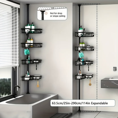 Un robusto e alto ripiano angolare per il bagno, un ripiano angolare regolabile per la doccia che non richiede foratura, dotato di un rack portaoggetti nero a 4 ripiani resistente alla ruggine, ideale per organizzare le aree angolari della doccia - Perfet