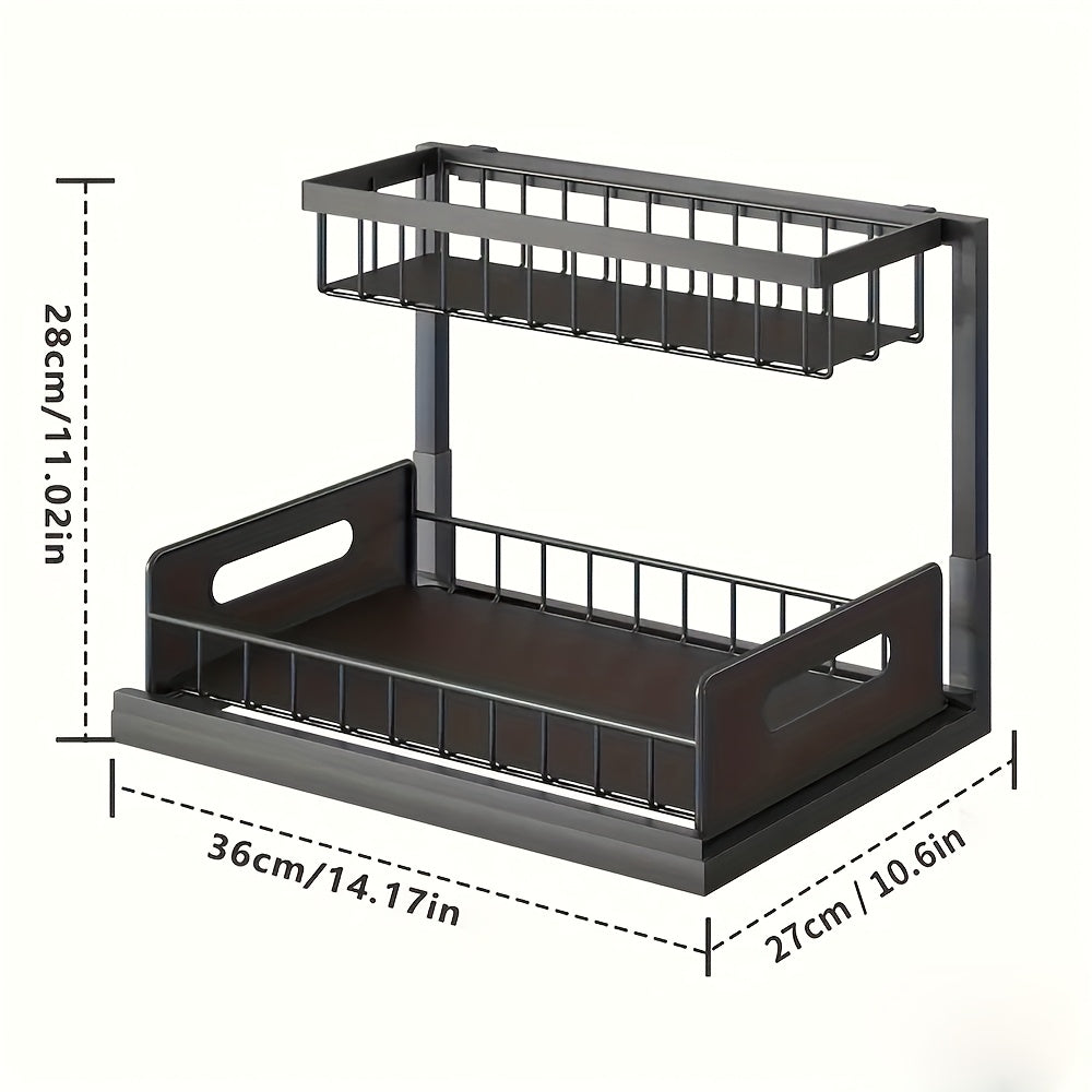 1 pz di scaffale regolabile sottolavello, un ripiano estraibile in metallo progettato per risparmiare spazio con un organizer a doppio strato per armadietti da cucina, perfetto per organizzare e smontare la zona del lavello. Questo moderno ripiano da cuci