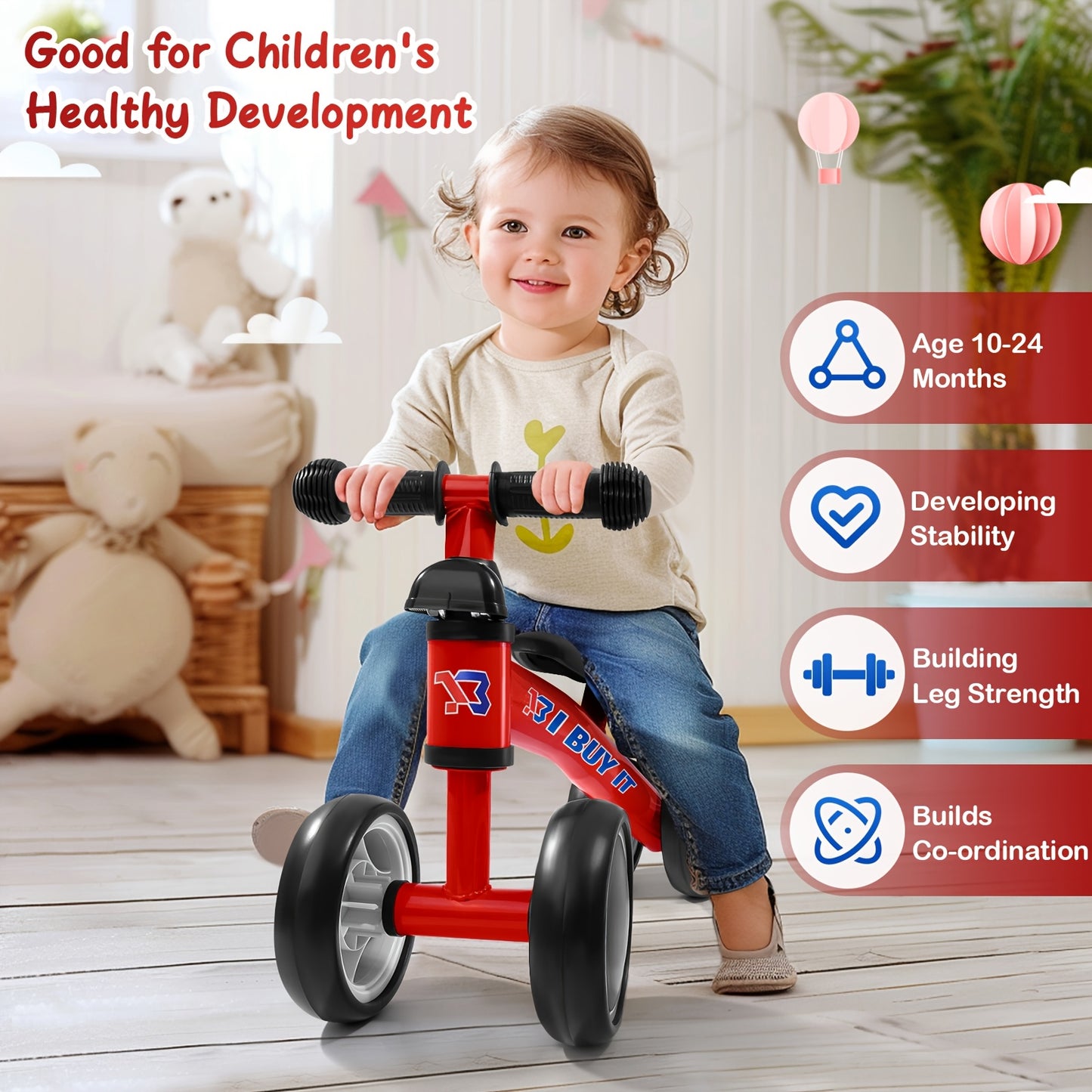 I BUY IT Bici in equilibrio per bambini - Bici leggera per bambini piccoli con telaio robusto e base ampia, 4 opzioni di colore (Rosa/Rosso/Verde/Blu/Giallo) - Bici addestramento senza pedali con sistema di freno lineare e ruote basse per bambini e bambin