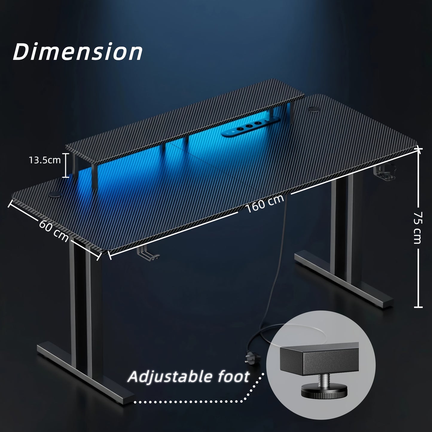 Scrivania Gaming RGB LED con Prese Elettriche e Supporto per Monitor, Postazione Ergonomica per Computer, Ampio Piano in Fibra di Carbonio per Ufficio Domestico con Portabicchieri e Gancio per Cuffie, Nero