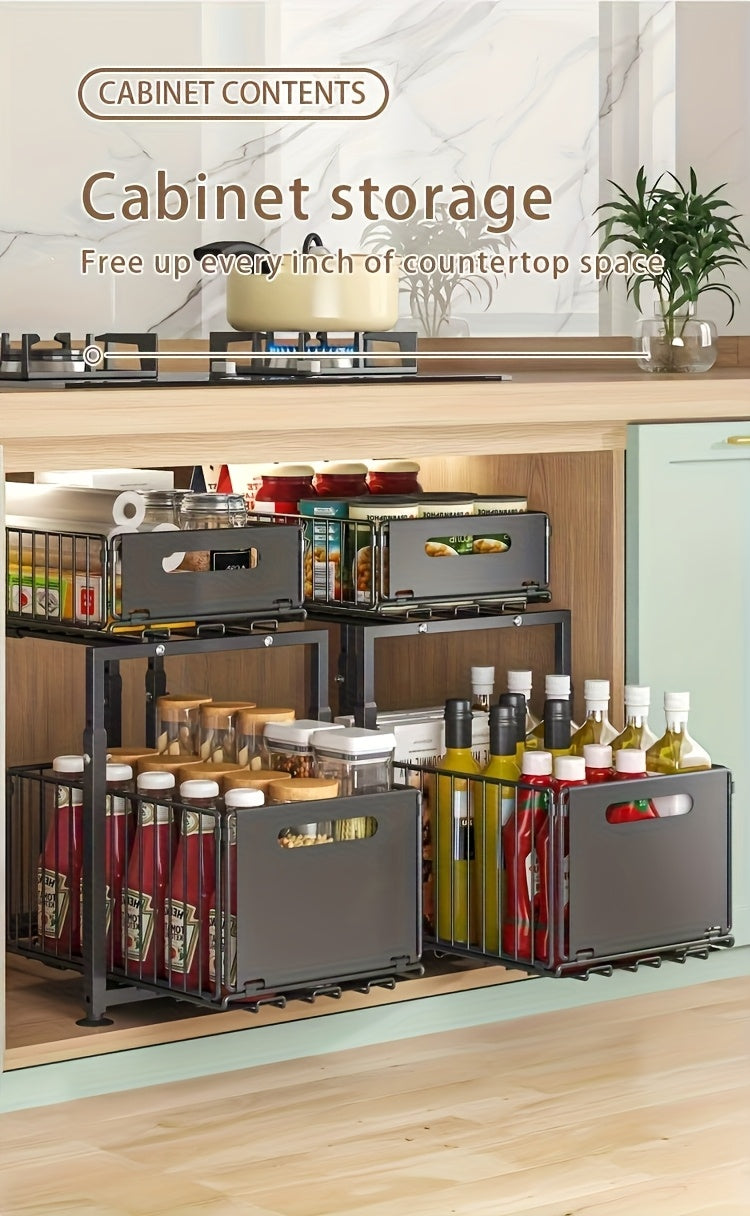 Organizzatore Sottosink a 2 Livelli Resistente - Ripiano Scorrevole in Acciaio al Carbonio con Altezza Regolabile, Mensola per Armadio Facile da Installare per Cucina Bagno Dispensa Guardaroba, Finitura , Costruzione Robusta, Ripiani