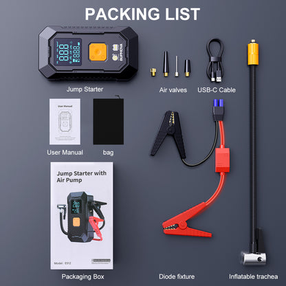 Avviatore di emergenza per auto 8500A con compressore d'aria, pompa di gonfiaggio per pneumatici senza fili, booster per batteria con power bank e torce LED, doppio display della pressione dell'aria