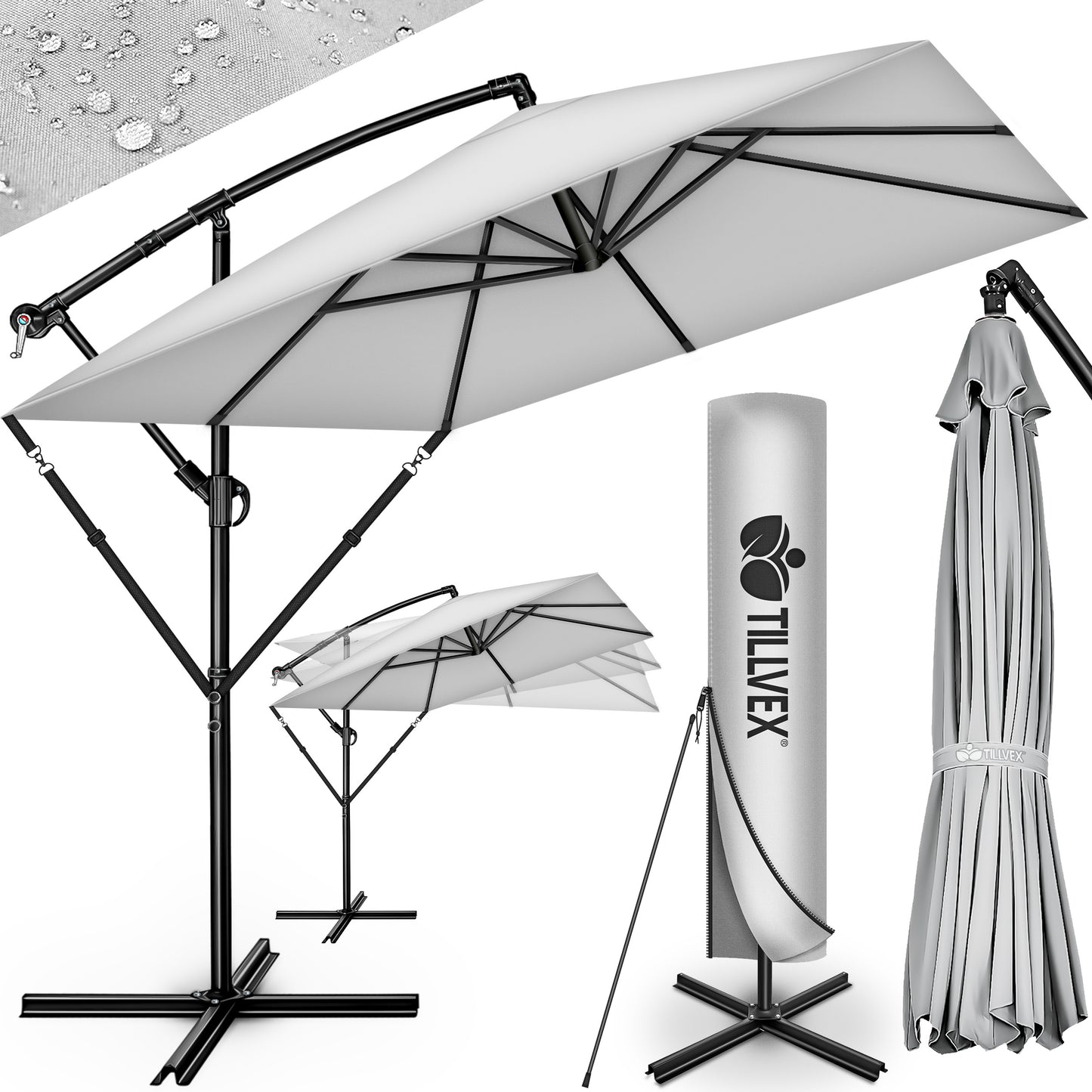Tillvex® Parasole Rettangolare in Alluminio Ø 330 Cm + Copertura con Manovella | Schermo Angolare a Luce Rossa con Supporto & Parabrezza | Grande Parasole da Giardino in Alluminio Protezione UV | Schermo con Manovella Impermeabile Girevole a 360° per Terr