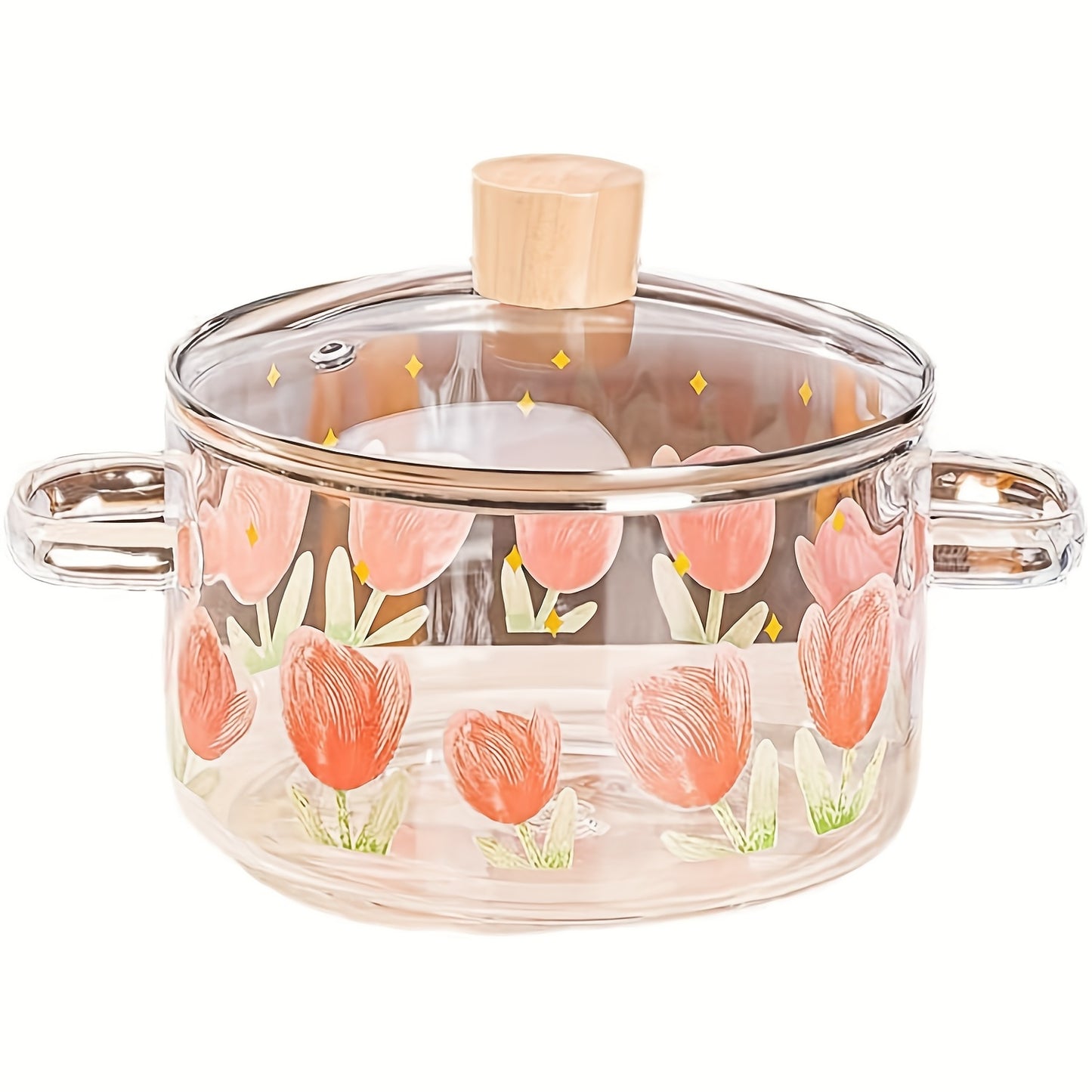 1 pezzo di pentola in vetro stampata con tulipani da 1500ml/50.7oz. Realizzata in vetro borosilicato, adatta per fornelli a gas, fornelli portatili e a cartuccia, non adatta per piastre a induzione, pentolino piccolo con doppie maniglie