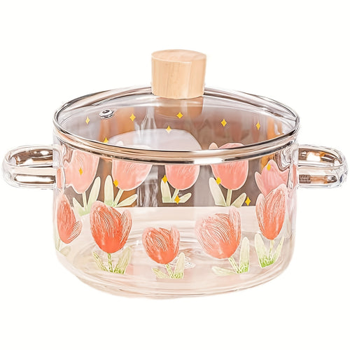 1 pezzo di pentola in vetro stampata con tulipani da 1500ml/50.7oz. Realizzata in vetro borosilicato, adatta per fornelli a gas, fornelli portatili e a cartuccia, non adatta per piastre a induzione, pentolino piccolo con doppie maniglie