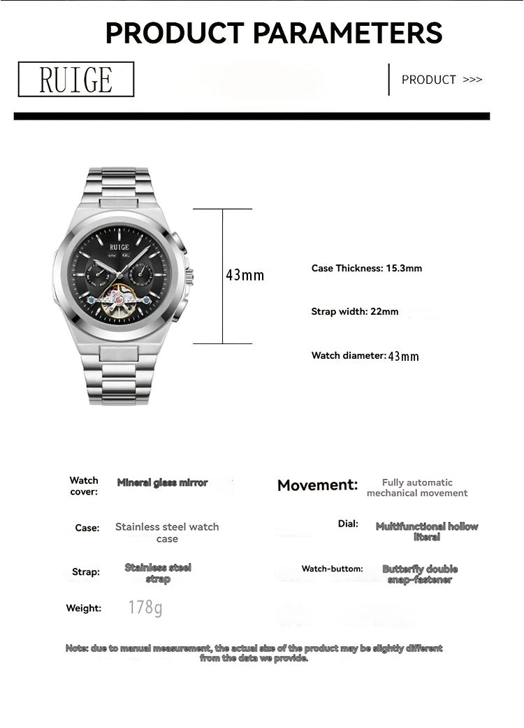Orologio da uomo elegante automatico meccanico con cinturino in acciaio inossidabile, con funzioni business e sportive, display multipli, calendario, lancette luminose e design scheletrato. Un regalo perfetto per uomo.