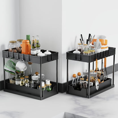 2 Pezzi Organizzatori e Contenitori Sottolavello, Organizer a 2 Ripiani con Ganci, Contenitori e Organizzatori Multiuso Sottolavello per Bagno e Cucina