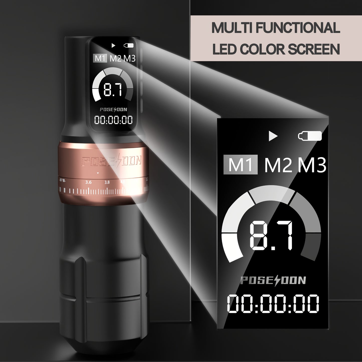 Kit Macchinetta Tatuaggio Rotante Wireless POSEIDON, Penna con Motore Senza Albero e Passo Regolabile da 2.4-4.2Mm, Due Batterie con Schermo Digitale da 2300Mah, Include 10 Aghi per Tatuaggio e Altre Accessori