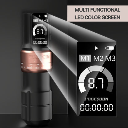 Kit Macchinetta Tatuaggio Rotante Wireless POSEIDON, Penna con Motore Senza Albero e Passo Regolabile da 2.4-4.2Mm, Due Batterie con Schermo Digitale da 2300Mah, Include 10 Aghi per Tatuaggio e Altre Accessori