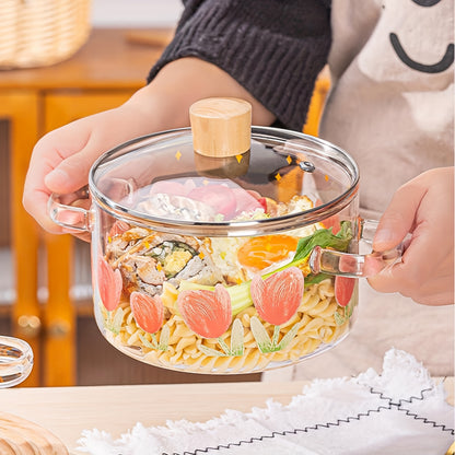 1 pezzo di pentola in vetro stampata con tulipani da 1500ml/50.7oz. Realizzata in vetro borosilicato, adatta per fornelli a gas, fornelli portatili e a cartuccia, non adatta per piastre a induzione, pentolino piccolo con doppie maniglie