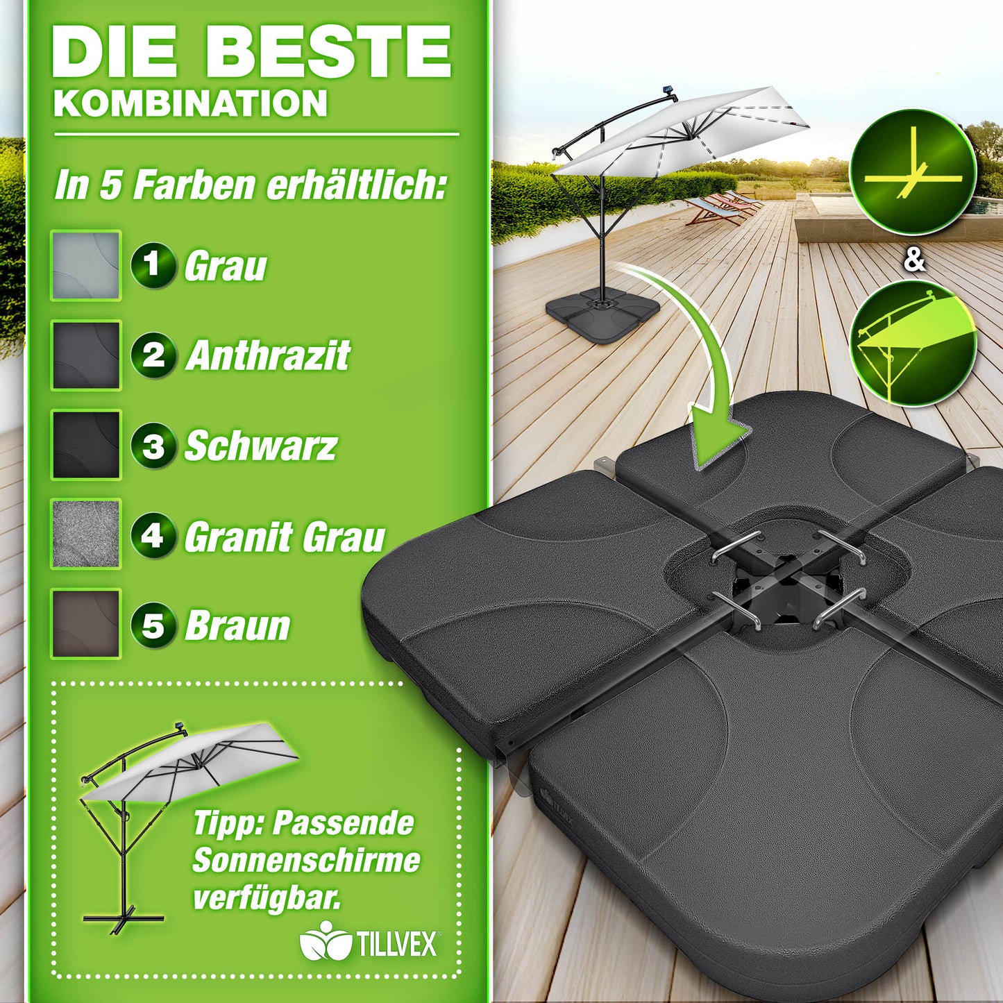 Tillvex® Supporti per Ombrelloni da Sole 60 Litri / 80 Kg - 4 Parti per Ombrellone con Semaforo Incluse Connettori in Metallo | Peso Ombrellone Riempibile con Acqua o Sabbia | Supporto per Ombrellone Resistente alle Intemperie per Balcone Esterno, Terrazz