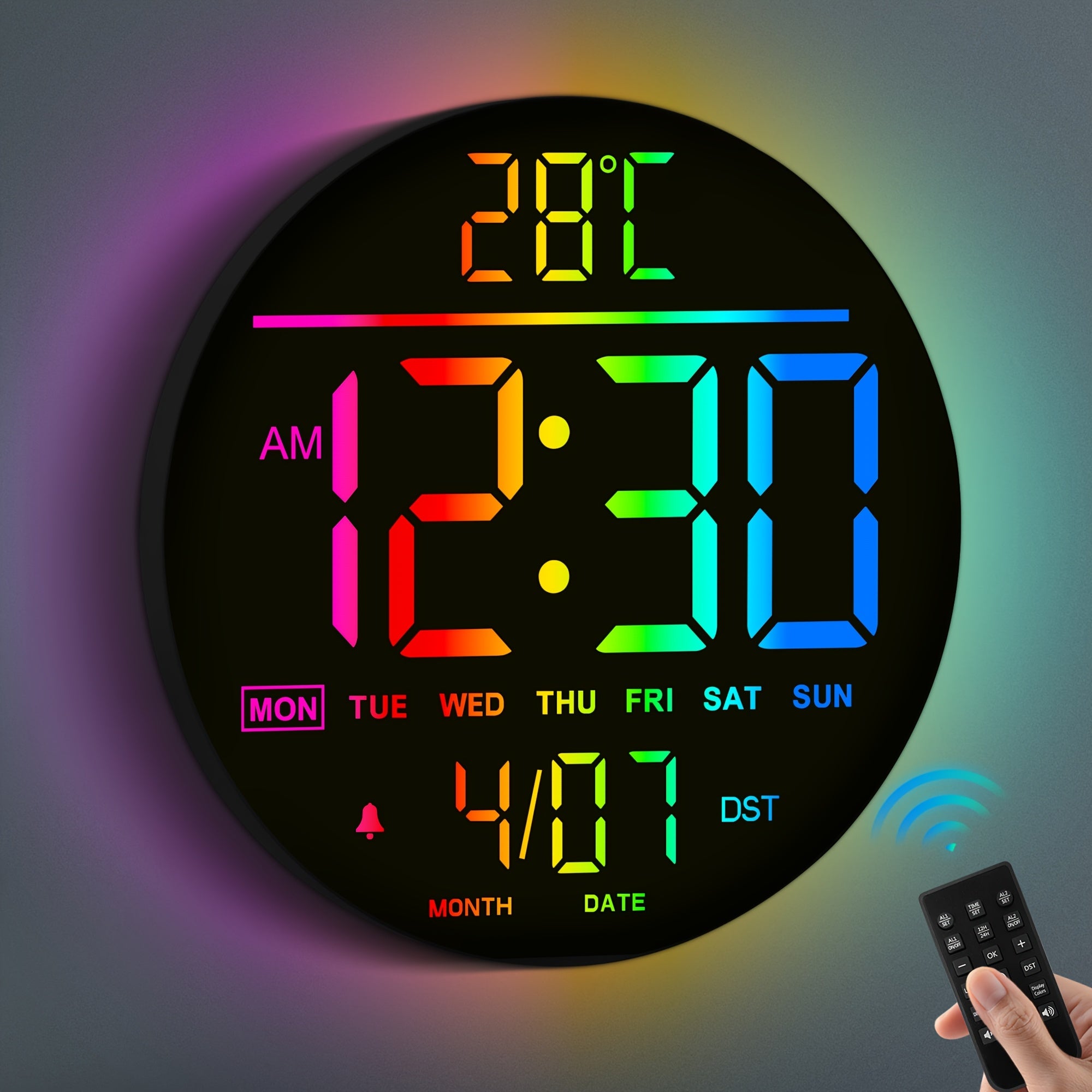 Orologio da Parete Digitale - 25cm/10 11 Luminosità Automatica Colore RGB, Temperatura, Data e Giorno, DST Automatico, Luci Notturne Senza Ticchettio, Orologio da Parete Elettrico a LED Moderno per Camera da Letto, Soggiorno