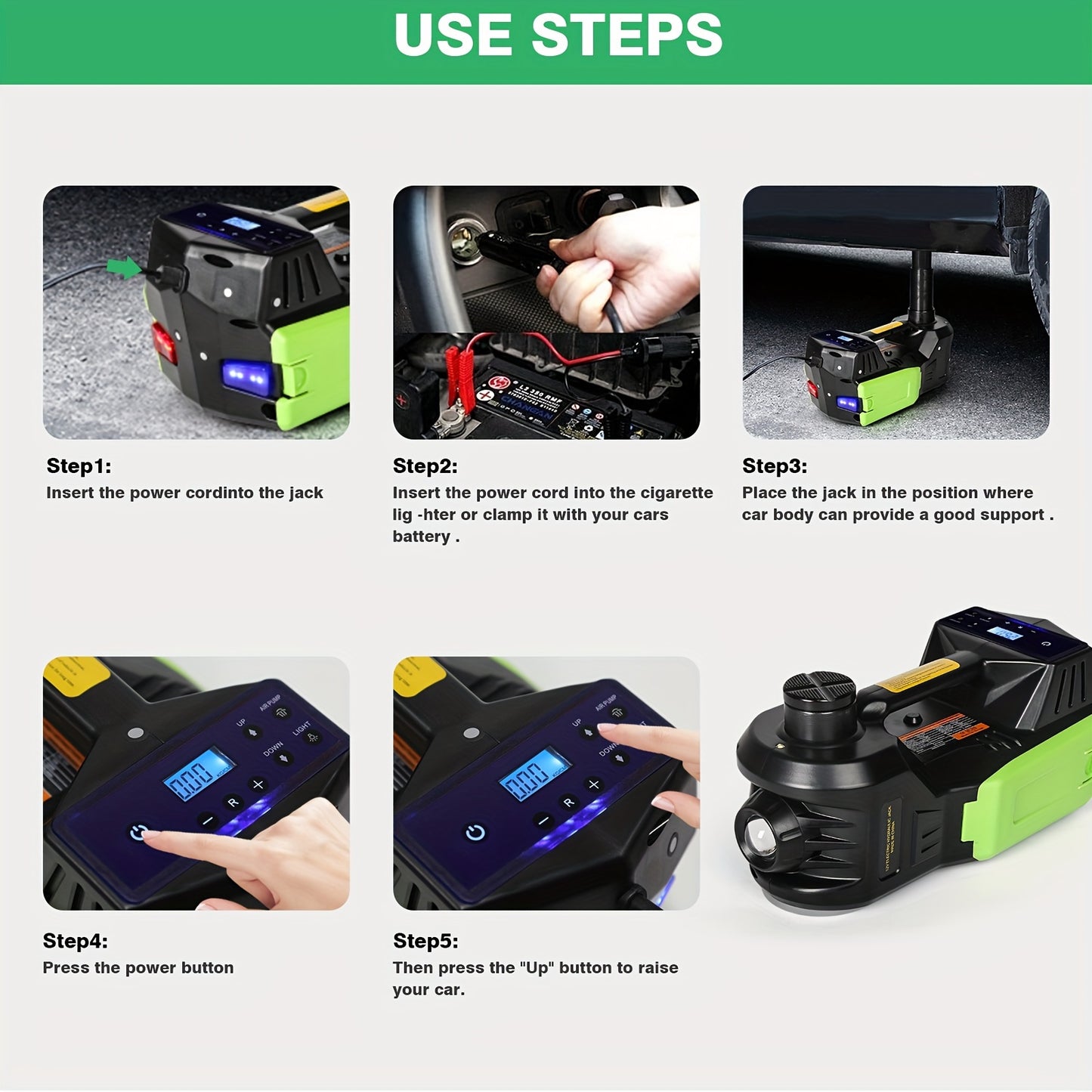 Kit martinetto per auto 4 in 1 12V 5T, cavalletto martinetto elettrico con display LCD per berlina, SUV, sollevatore auto, martinetti idraulici a pavimento