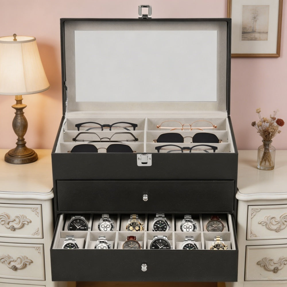 Scatola portaocchiali e orologi a 3 strati con 24 scomparti, custodia organizzatrice per occhiali da vista alla moda per donna e uomo - Portaocchiali portaoggetti multiplo con cassetto, coperchio in vetro e passante per esterni