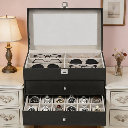 Scatola portaocchiali e orologi a 3 strati con 24 scomparti, custodia organizzatrice per occhiali da vista alla moda per donna e uomo - Portaocchiali portaoggetti multiplo con cassetto, coperchio in vetro e passante per esterni