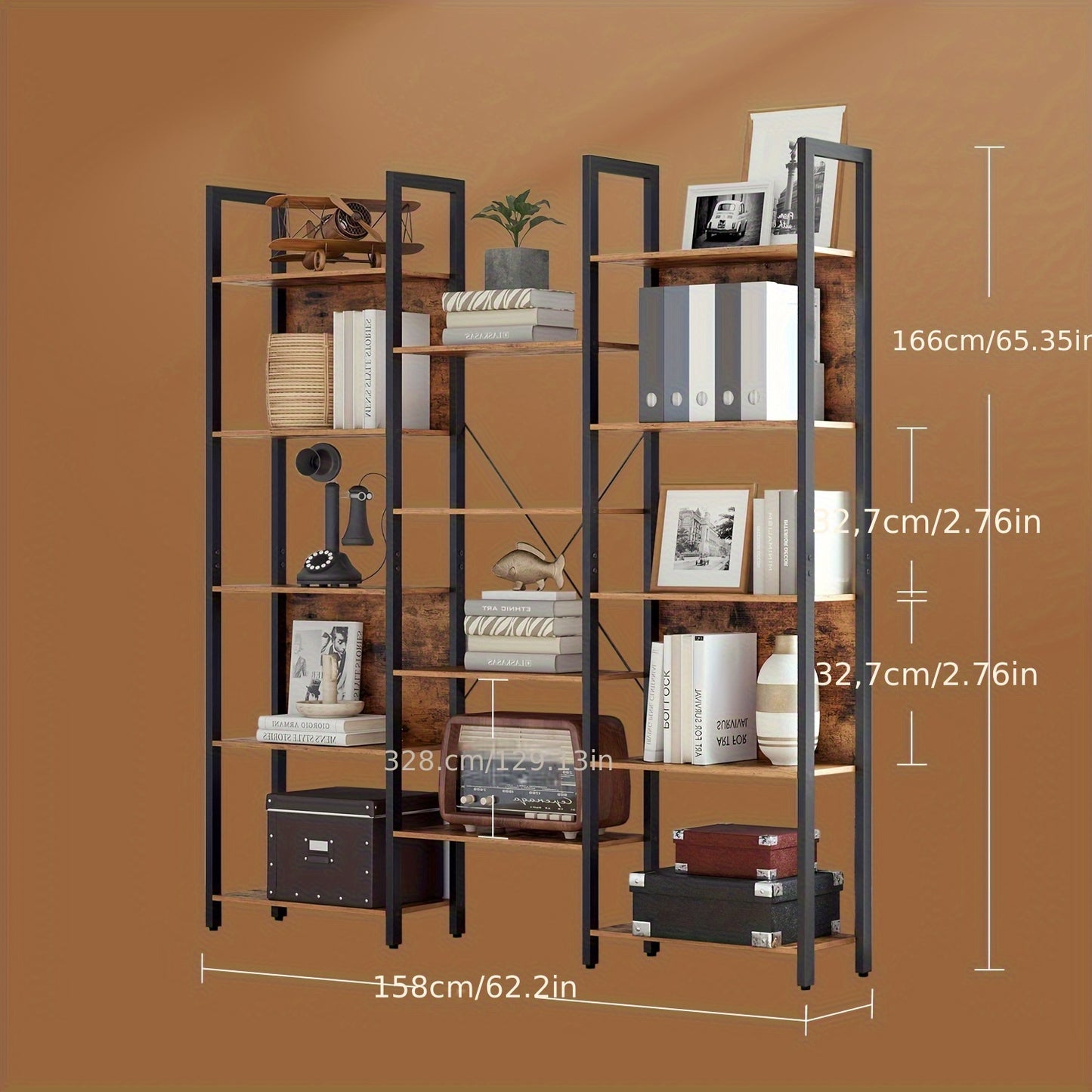 Libreria con struttura in metallo e 14 ripiani, ideale per soggiorno o ufficio domestico, design in stile industriale, dimensioni 24 X 158 X 166 cm