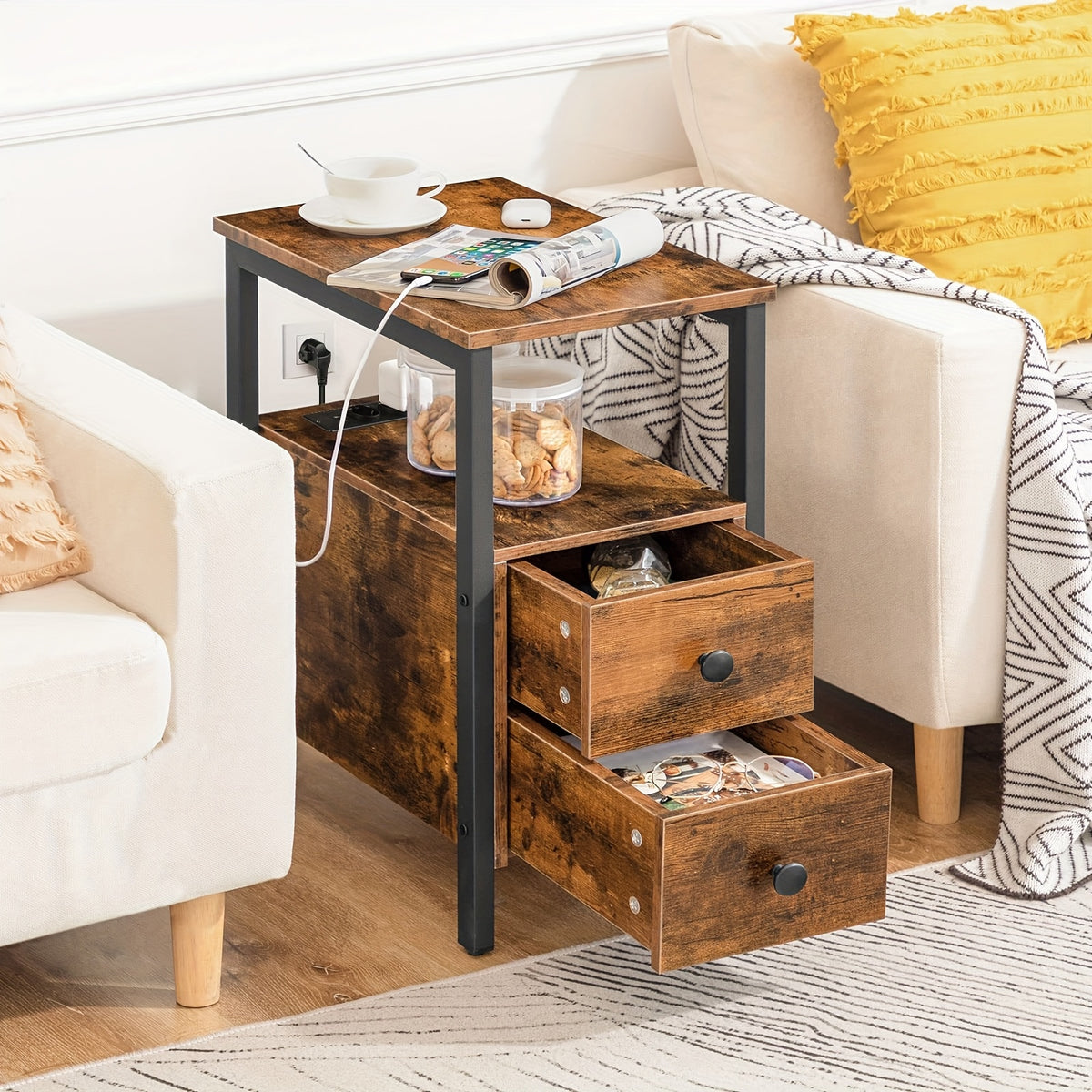 Comodino, Tavolino per Divano con 2 Cassetti per uso quotidiano e zona giorno – vista dettagliata 5