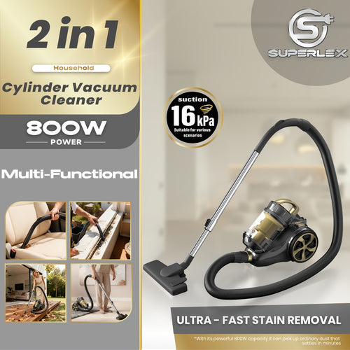 SUPERLEX Aspirapolvere a Cilindro, Capacità 2L, Aspirazione Multi-Ciclonica, Filtro HEPA, Cavo di Alimentazione 5m, Tubo di 5m, Accessorio 2-in-1 per Fessure, Spazzola per Pavimenti Efficiente [Pulizia Domestica Potente] Ideale per Pavimenti, Tappeti, Div