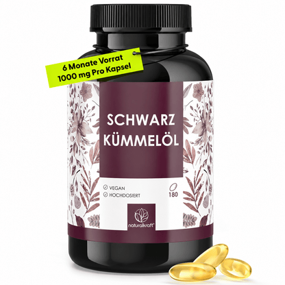 NATURALKRAFT® Capsule Premium di Olio di Comino Nero – 180 Capsule Vegane per 6 Mesi, Dose Giornaliera di 1000 mg per Capsula, Spremitura a Freddo, Naturale, Testato in Laboratorio, Qualità Marchio Tedesco