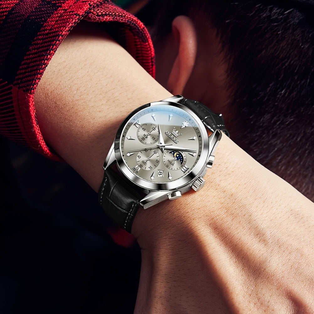 OLEVS Orologio da Uomo Classico Cronografo Cuoio Marrone Cassa Dorata Analogico Quarzo Moda Business Abito Quadrante Grande Orologio da Uomo Giorno Data Luminoso Casual Orologio da Polso Maschile Regali Romantici Relojes De Hombre Quadrante Blu/Nero/Bianc