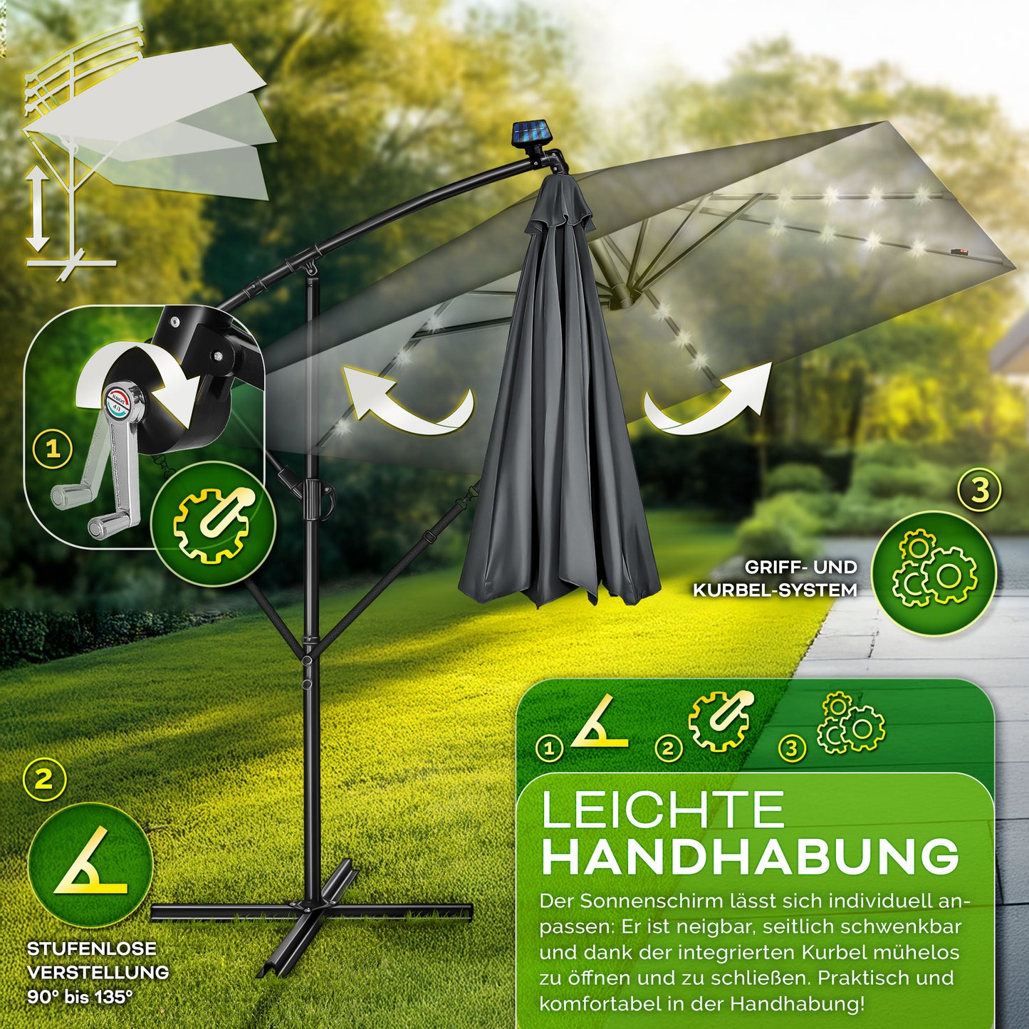 Tillvex® Tenda da Sole Rettangolare in Alluminio con LED Solare Ø 330 Cm + Copertura con Manovella | Ombrello Angolare con Luce Stradale, Supporto e Parabrezza | Grande Ombrello da Giardino in Alluminio con Protezione UV | Ombrello con Manovella, Ombrello