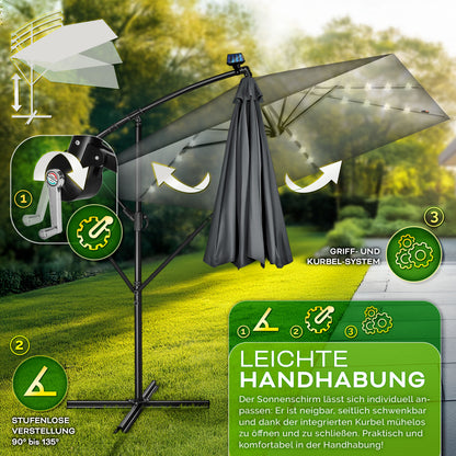 Tillvex® Tenda da Sole Rettangolare in Alluminio con LED Solare Ø 330 Cm + Copertura con Manovella | Ombrello Angolare con Luce Stradale, Supporto e Parabrezza | Grande Ombrello da Giardino in Alluminio con Protezione UV | Ombrello con Manovella, Ombrello